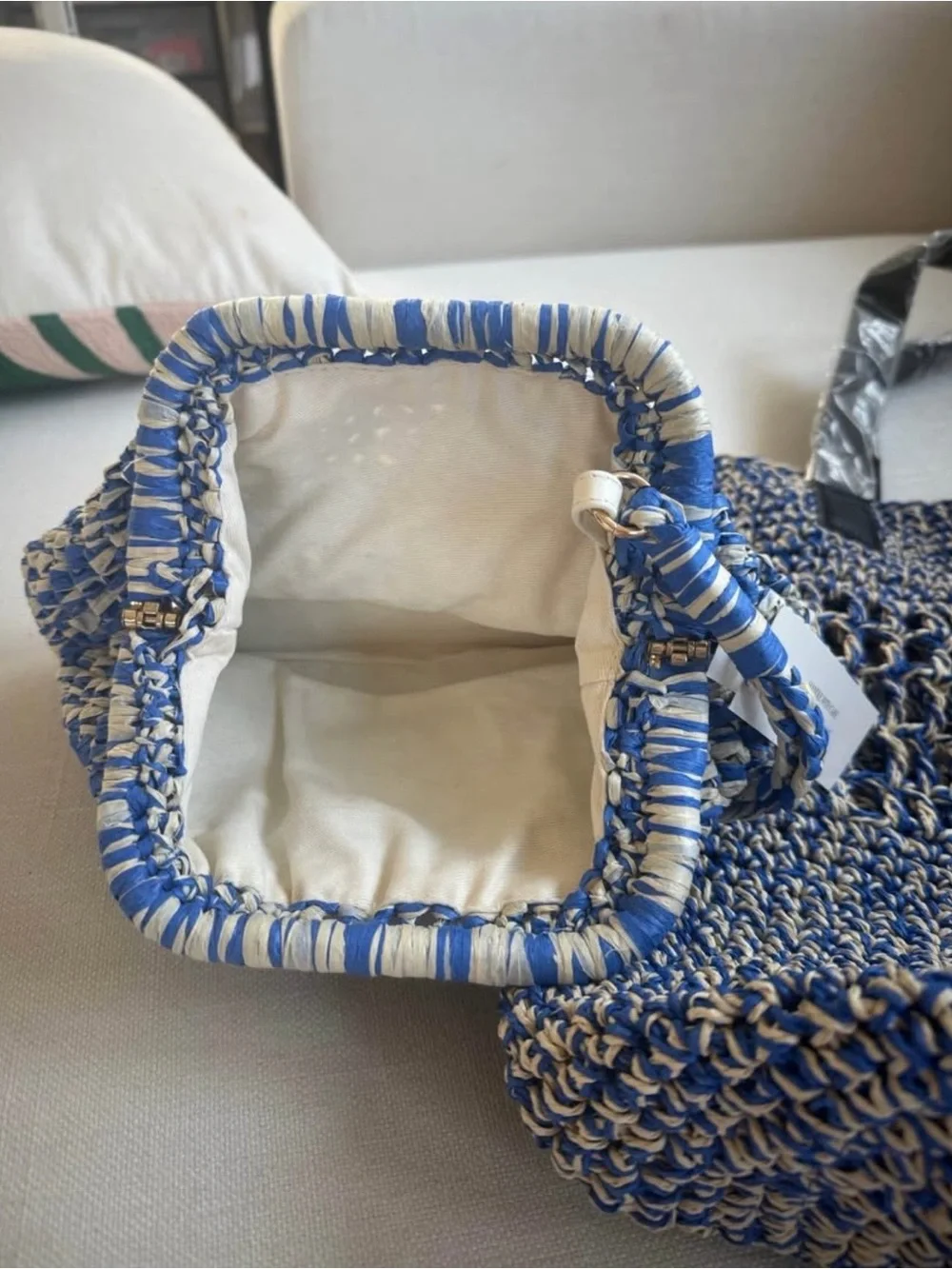 Banana Republic Blue and White Woven Tote with Matching Pouch